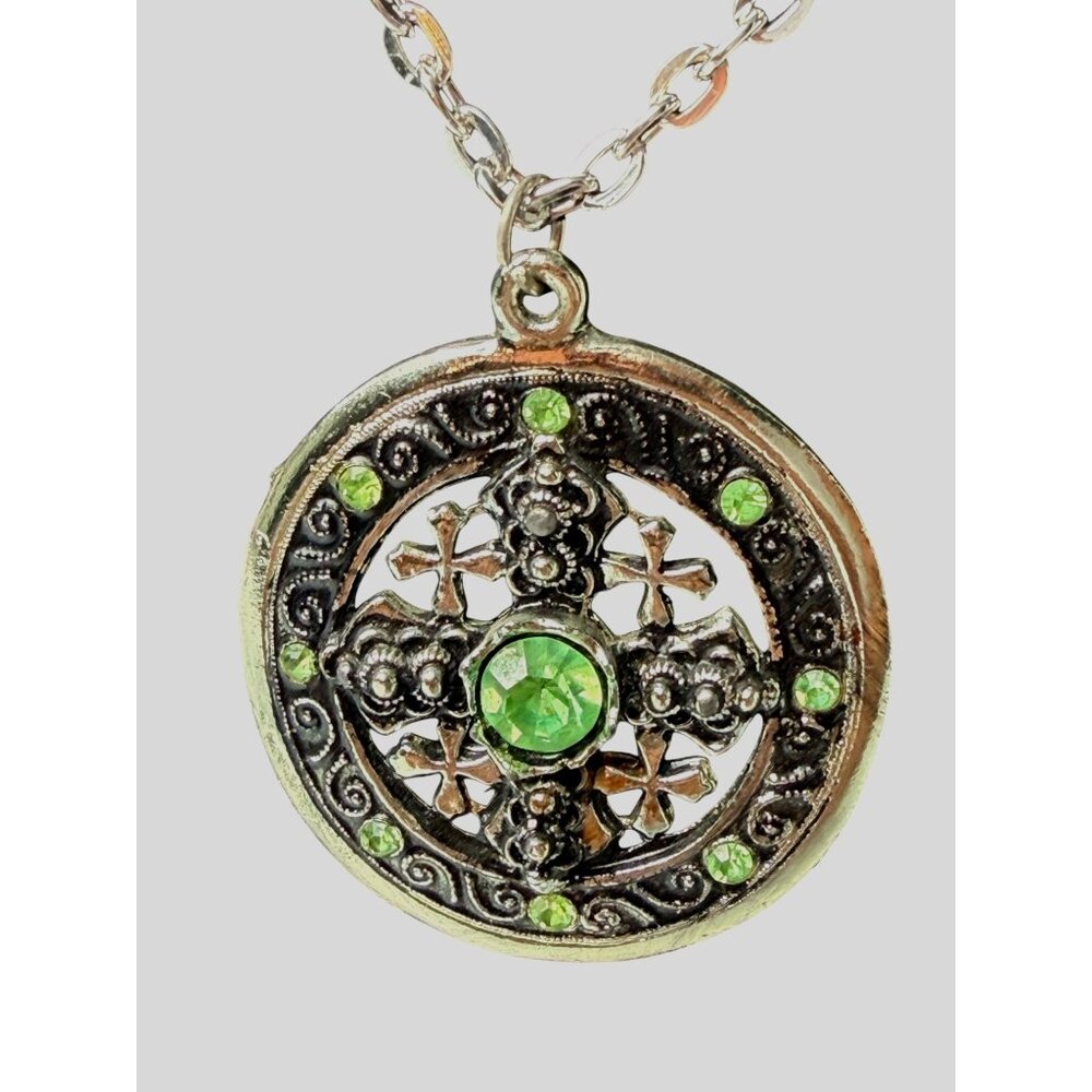 Vintage Silver Ornate Celtic Cross Pendant Necklace Peridot 24" Jerusalem - Picture 2 of 7